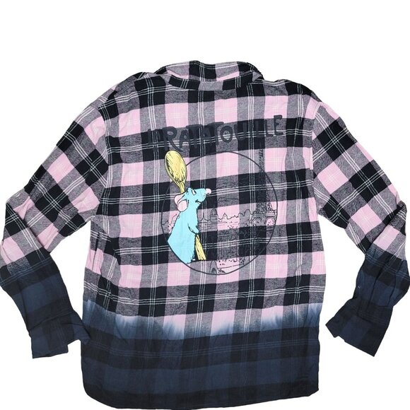 Disney Ratatouille Plaid Button-Up Shirt With Remy Embroidery Size L Pink black - Picture 3 of 8